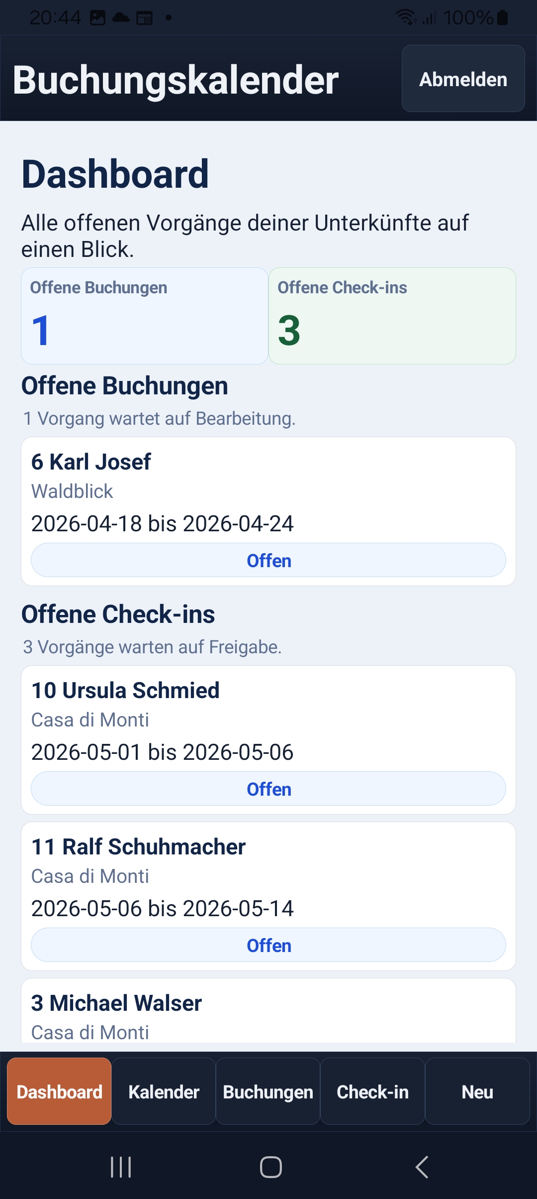 Echter Screenshot der Gastgeber-App mit Dashboard und offenen Check-ins